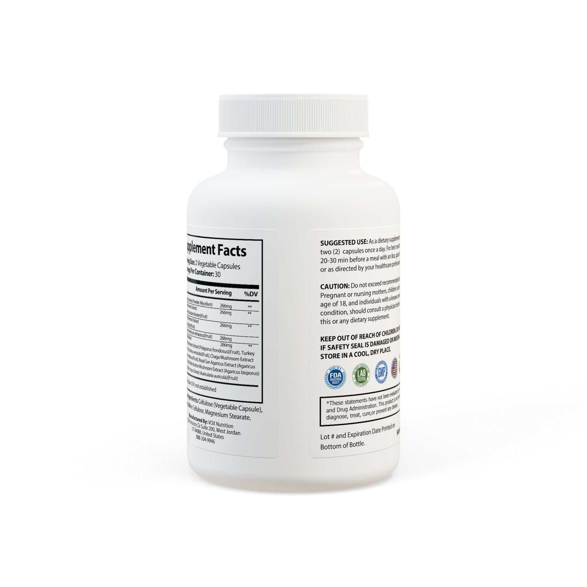 Mushroom Powder Benefits SUPERFOOD COMPLEX Mushroom Blend Supplement bottle with 60 capsules, featuring Cordyceps, Shiitake, and Lion's Mane for brain and energy support. Discover the Mushroom Powder Benefits. Power through your busiest days with focus, clarity, and natural energy. Your daily ally for enhanced vitality and wellness. 