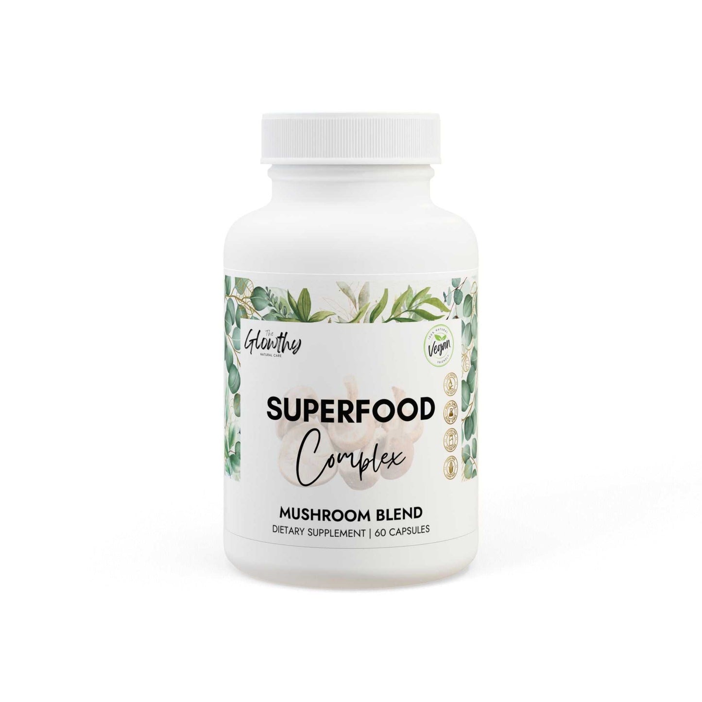 Mushroom Powder Benefits SUPERFOOD COMPLEX Mushroom Blend Supplement bottle with 60 capsules, featuring Cordyceps, Shiitake, and Lion's Mane for brain and energy support. Discover the Mushroom Powder Benefits. Power through your busiest days with focus, clarity, and natural energy. Your daily ally for enhanced vitality and wellness. 