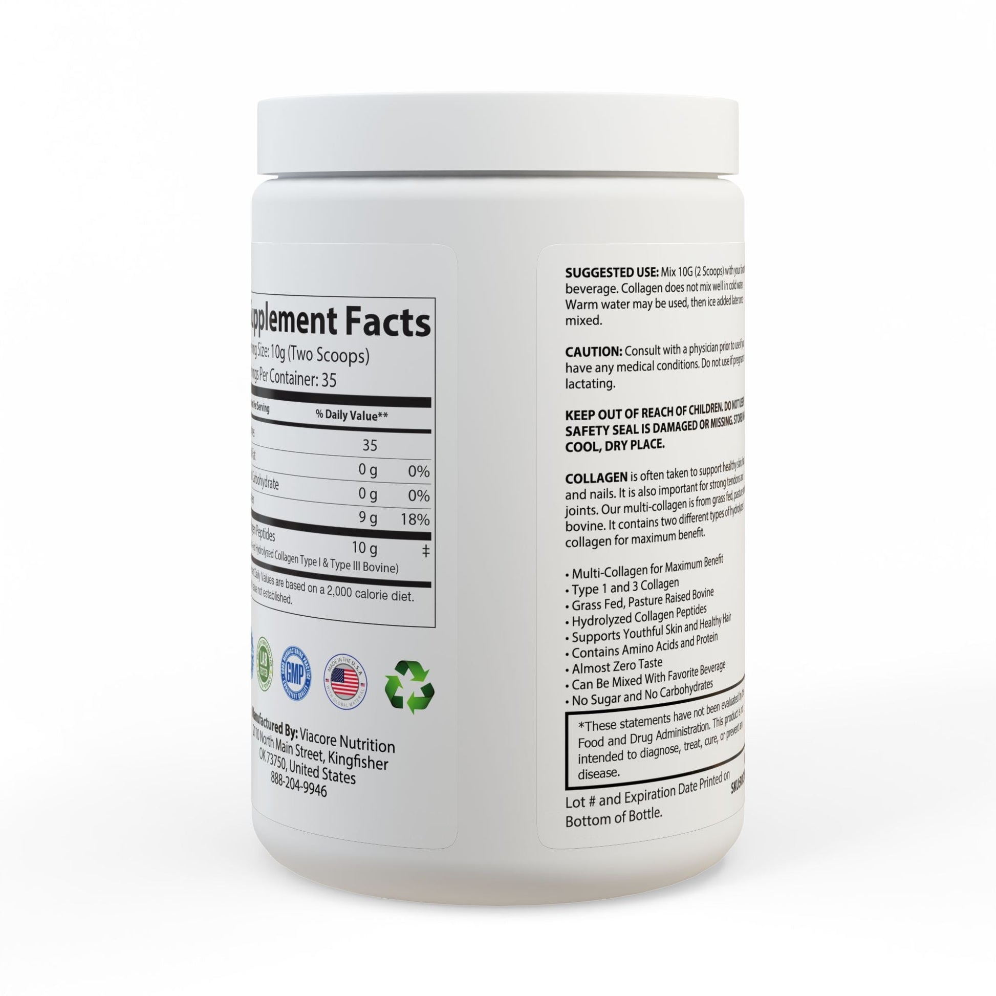 White container of Collagen Peptides Type I & III supplement with botanical design and splash graphic, 350g jar