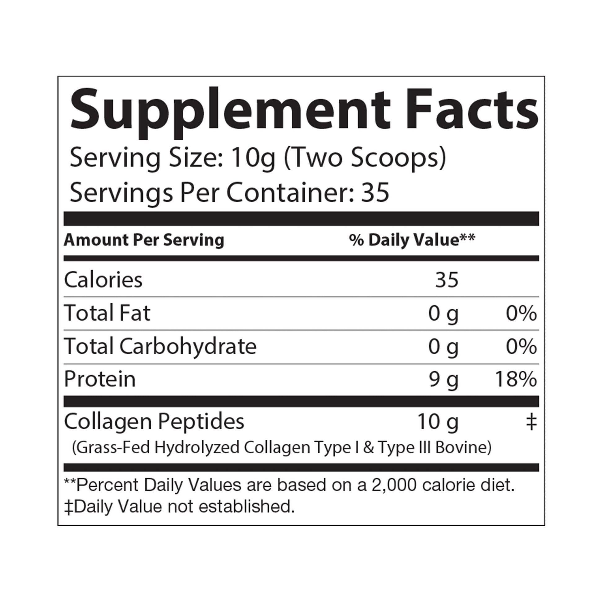 White container of Collagen Peptides Type I & III supplement with botanical design and splash graphic, 350g jar
