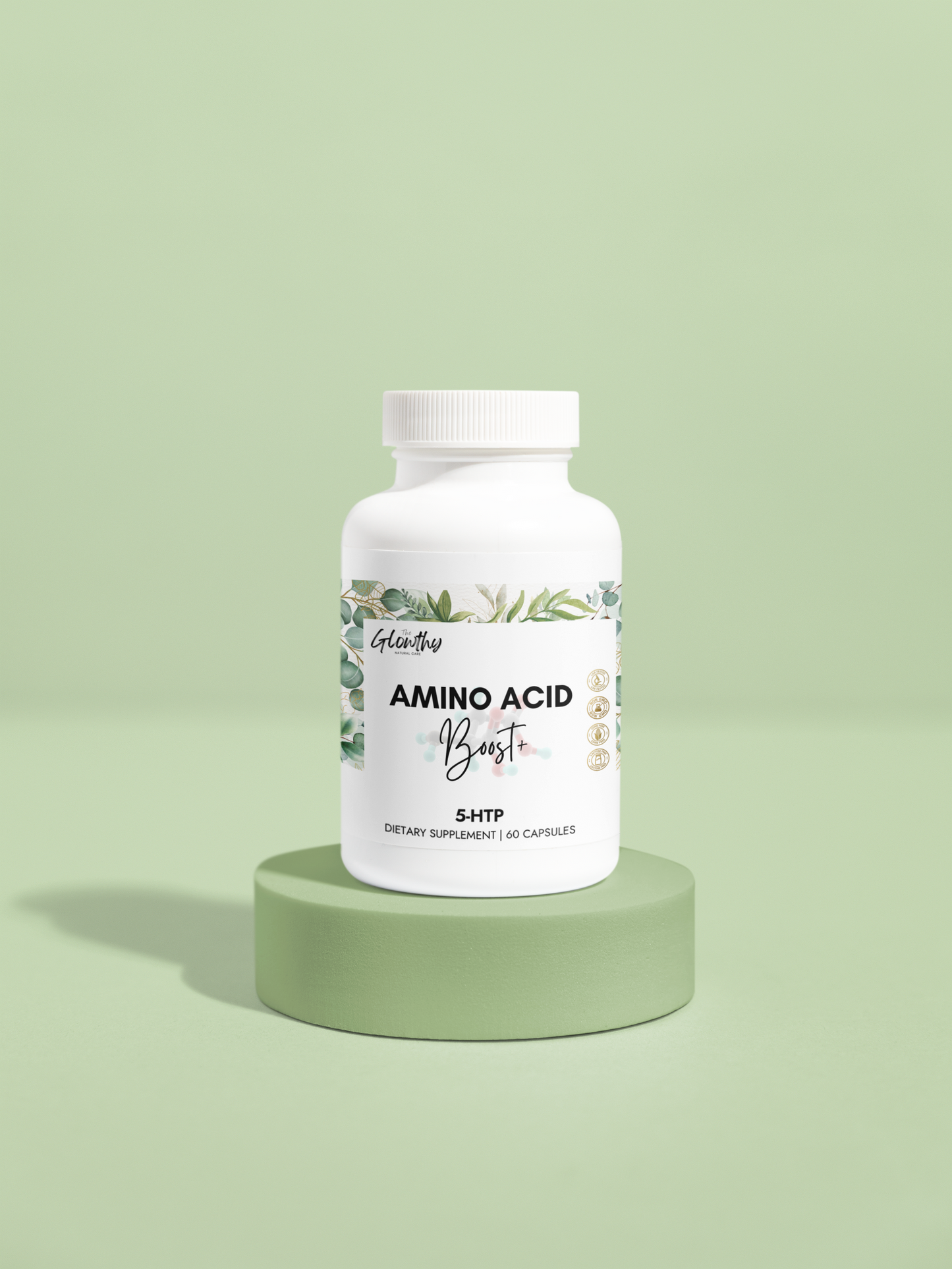 Amino Acid supplement AMINO ACID BOOST+ 5-HTP supplement helps your body feel rested and well-balanced. Formulated to support healthy sleep, Best Sleepwell supplement, bottle on a green platform.