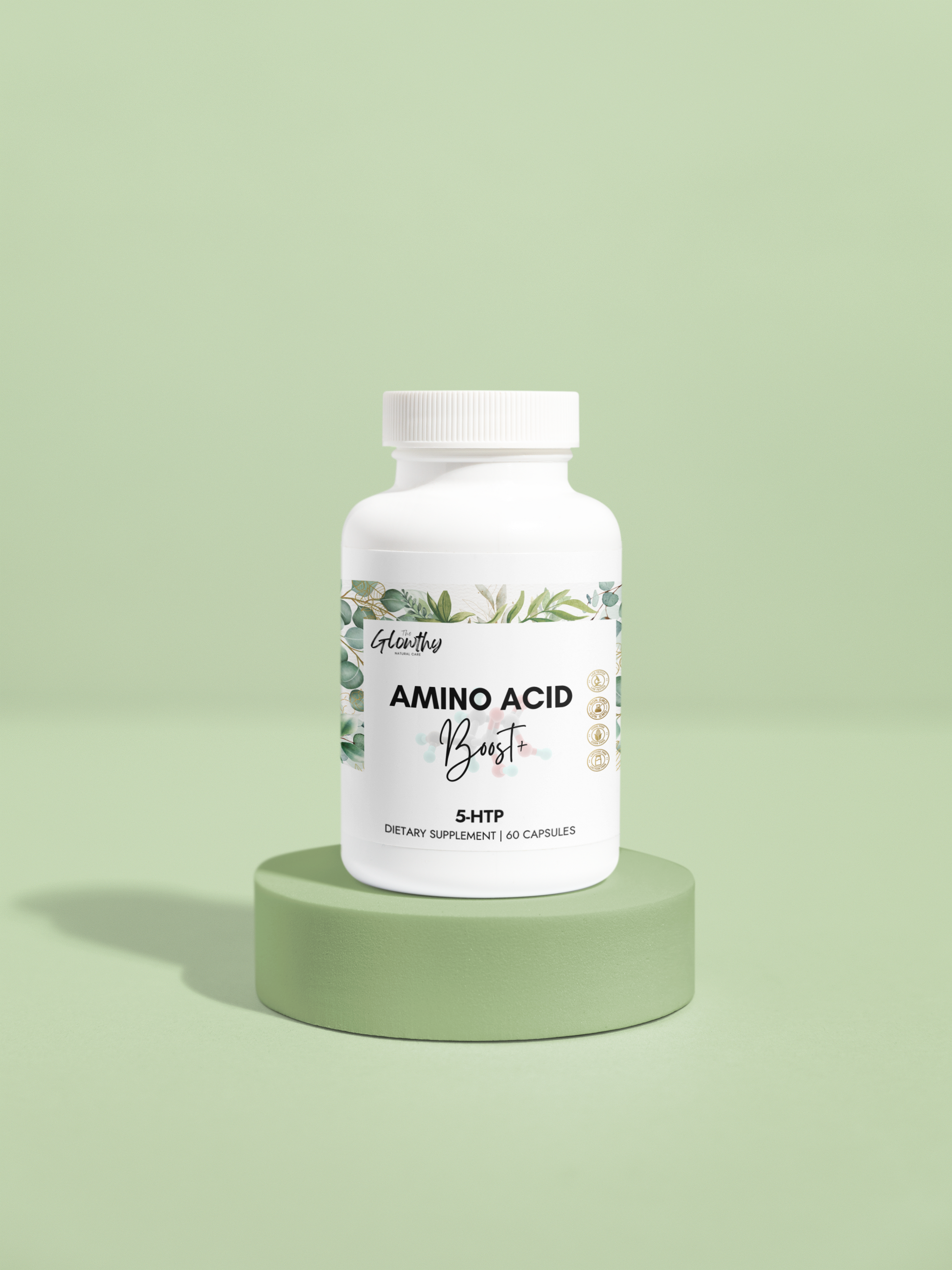 Amino Acid supplement AMINO ACID BOOST+ 5-HTP supplement helps your body feel rested and well-balanced. Formulated to support healthy sleep, Best Sleepwell supplement, bottle on a green platform.