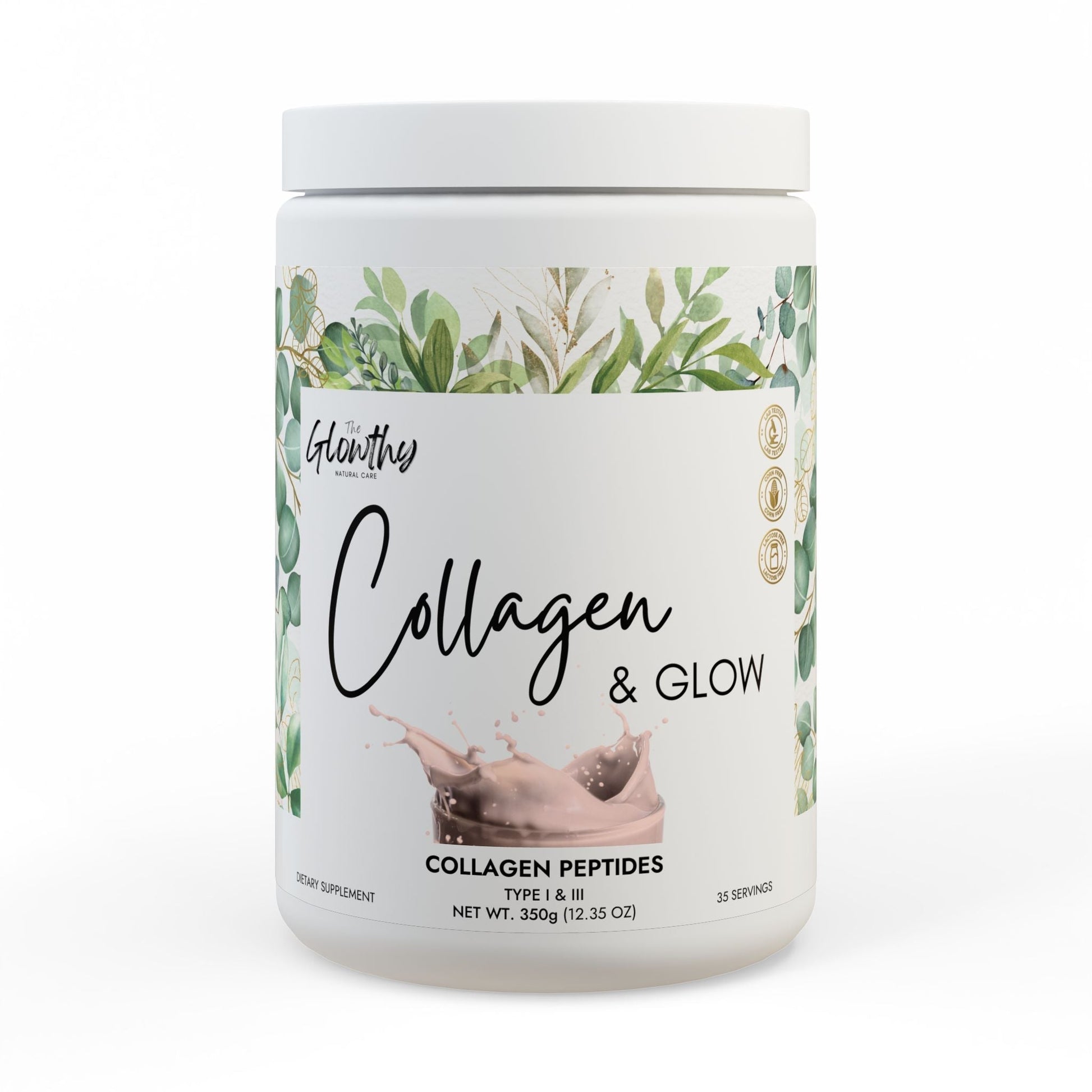 White container of Collagen Peptides Type I & III supplement with botanical design and splash graphic, 350g jar