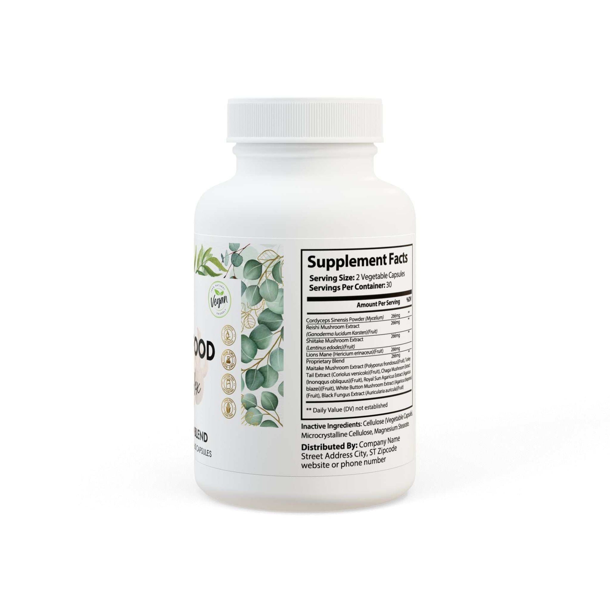 Mushroom Powder Benefits SUPERFOOD COMPLEX Mushroom Blend Supplement bottle with 60 capsules, featuring Cordyceps, Shiitake, and Lion's Mane for brain and energy support. Discover the Mushroom Powder Benefits. Power through your busiest days with focus, clarity, and natural energy. Your daily ally for enhanced vitality and wellness. 