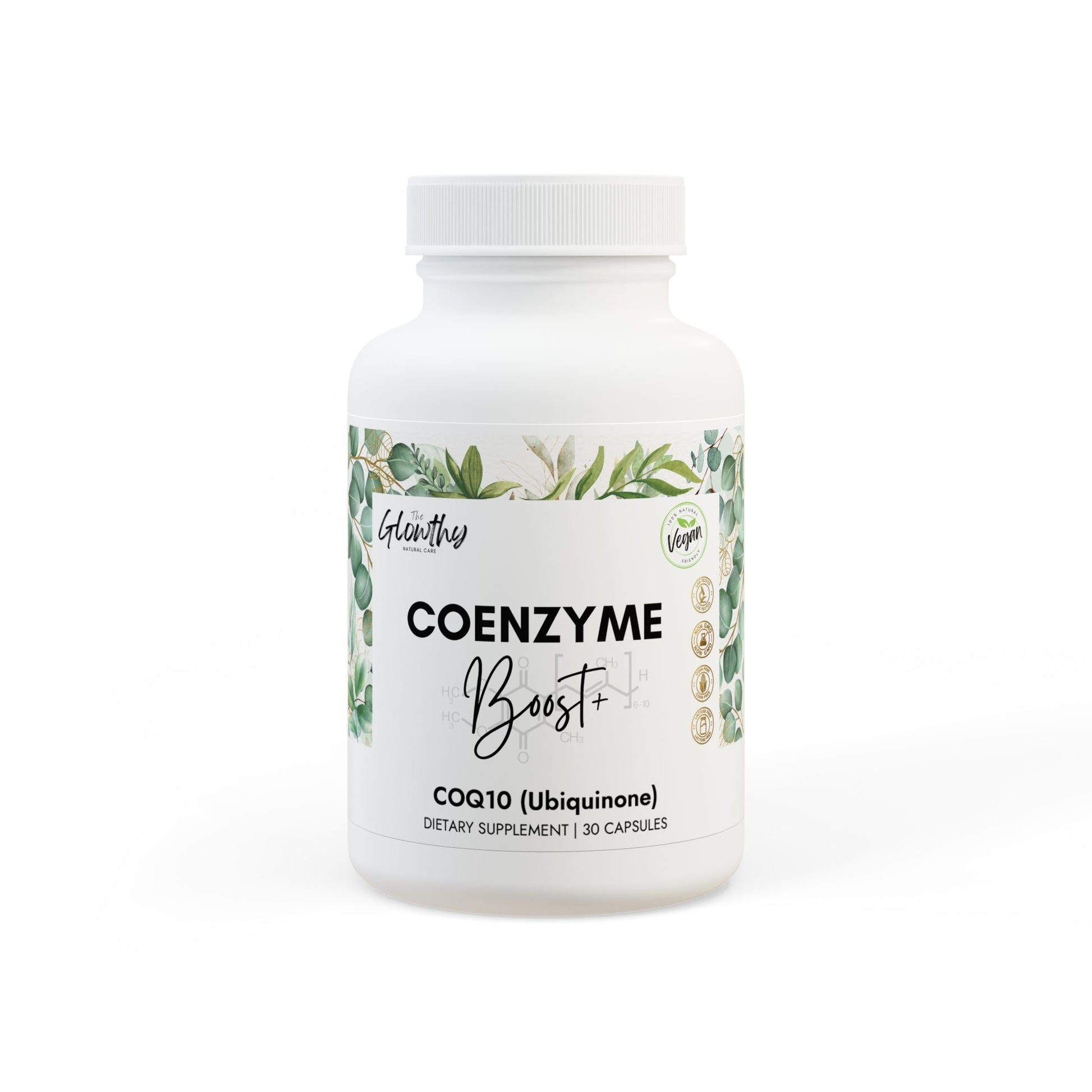 CoQ10 supplement COENZYME BOOST+ CoQ10 supplement bottle, 30 capsules, vegan-friendly, non-GMO, promoting antioxidant support, anti-aging