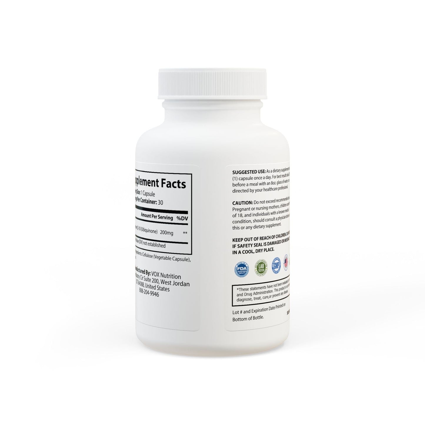 CoQ10 supplement COENZYME BOOST+ CoQ10 supplement bottle, 30 capsules, vegan-friendly, non-GMO, promoting antioxidant support, anti-aging