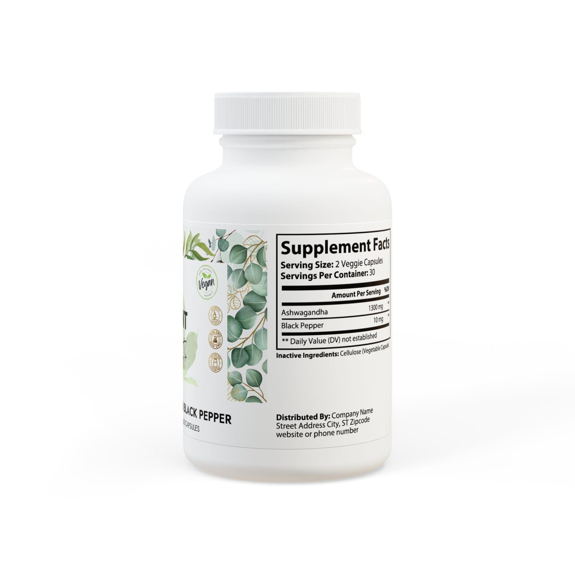 Ashwagandha Supplement PLANT BOOST+ Ashwagandha and Black Pepper Supplement, empowers you to feel centered, energized, and in control, bottle 60 vegan capsules