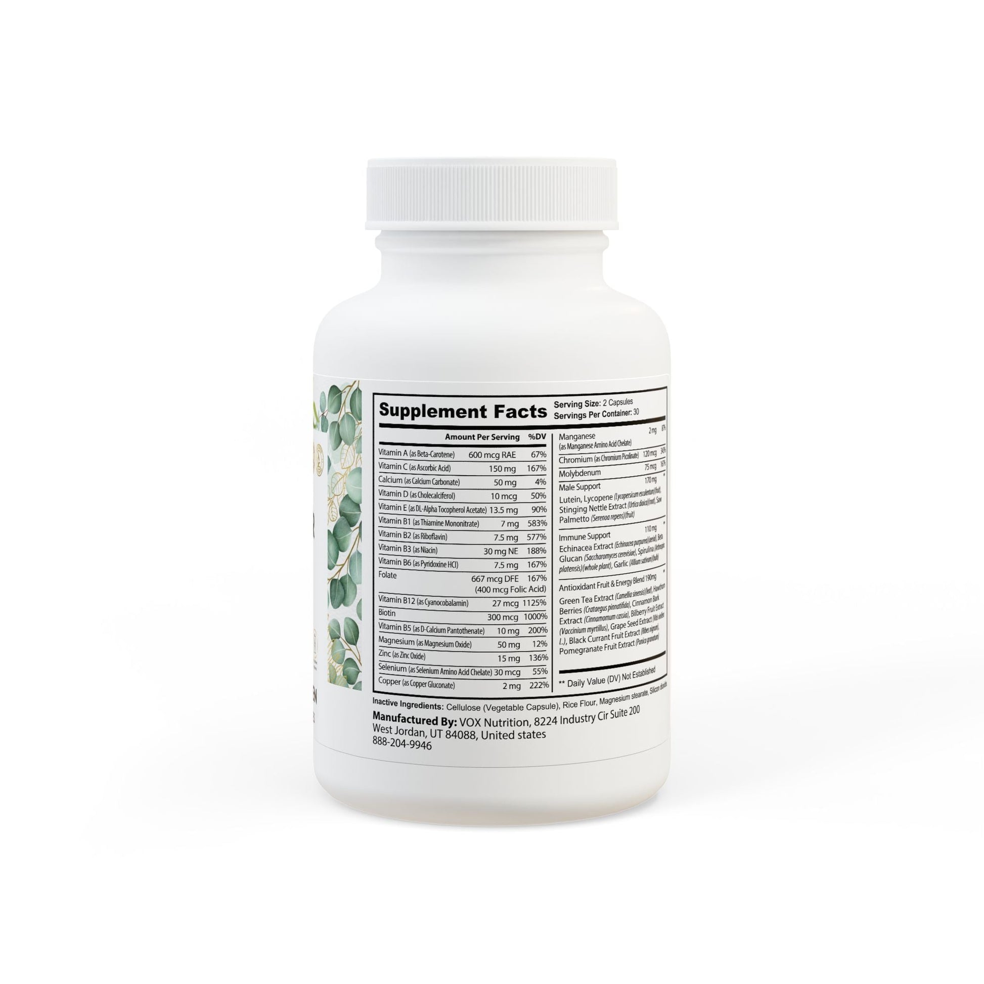 Multivitamin for Men Supplement INNER POWER Designed to bridge the nutritional gap in busy lifestyles by providing the perfect amount of vitamins, minerals, antioxidants. Supplement bottle, 60 capsules, designed to support men's health and energy metabolism.