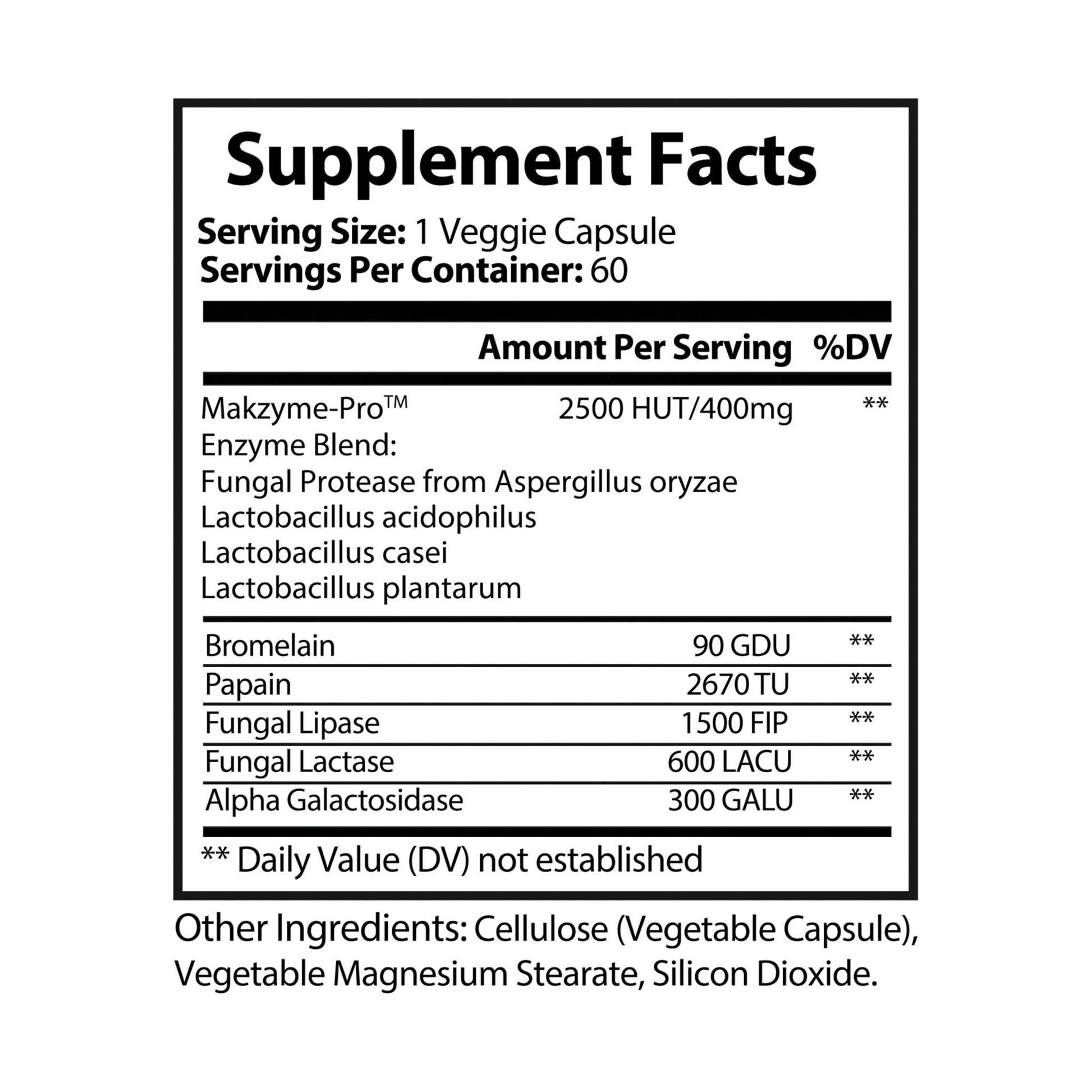 Digestive Enzyme Supplement MAKZYME-PRO™ COMPLEX  bottle with 60 capsules, supports digestion, non-GMO, vegan-friendly.