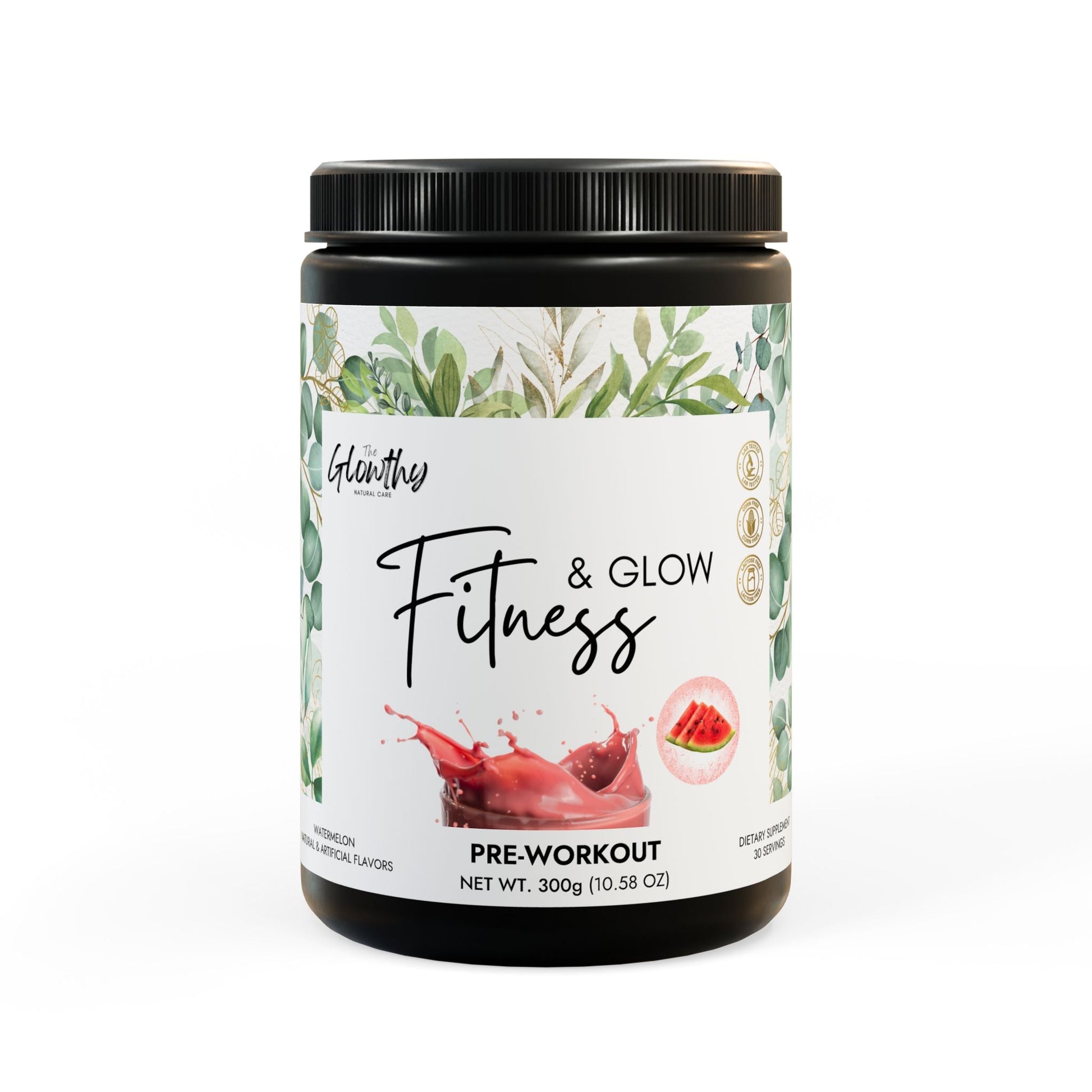 FITNESS & GLOW Pre-Workout Supplement, Watermelon flavor, 300g container.