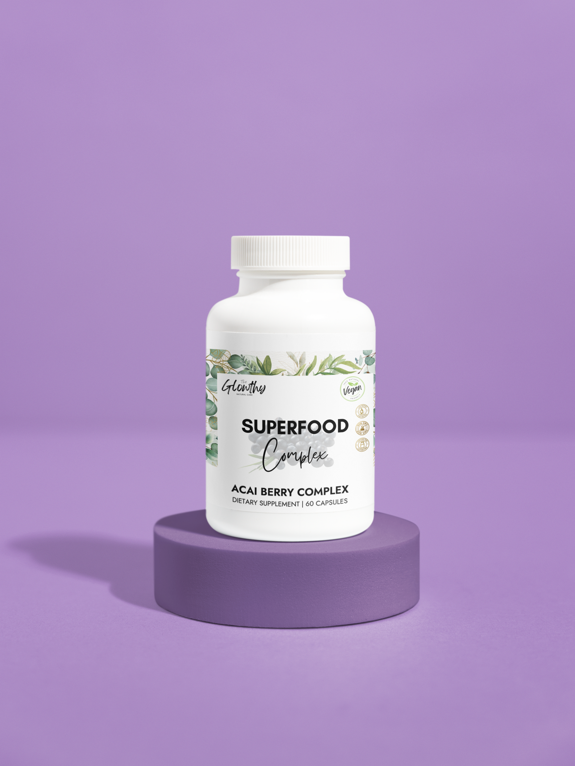 acai powder benefits SUPERFOOD COMPLEX Acai Berry Supplement bottle on purple background.