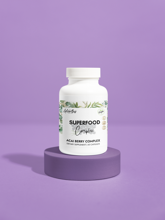 acai powder benefits SUPERFOOD COMPLEX Acai Berry Supplement bottle on purple background.