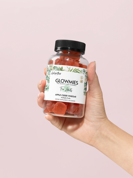 Apple Cider Vinegar Benefits with GLOWMIES Apple Cider Vinegar Gummies formulated to enhance metabolism, support gut health and naturally boost your energy, Gummies in a clear bottle (60 Gummies)