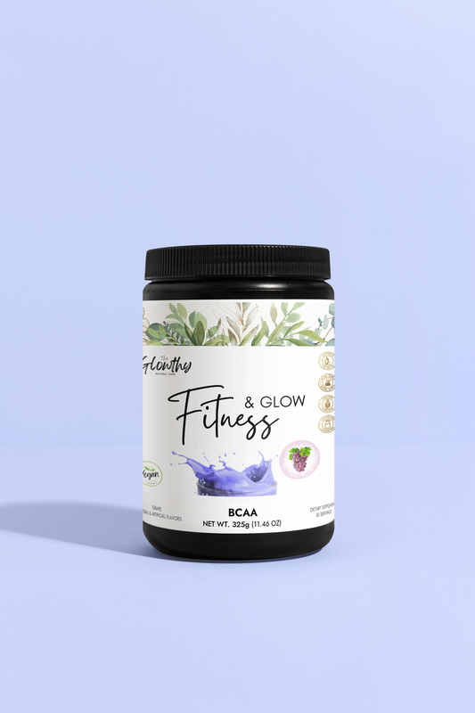 FITNESS & GLOW BCAA Supplement in grape flavor, 325g container, 50 servings.