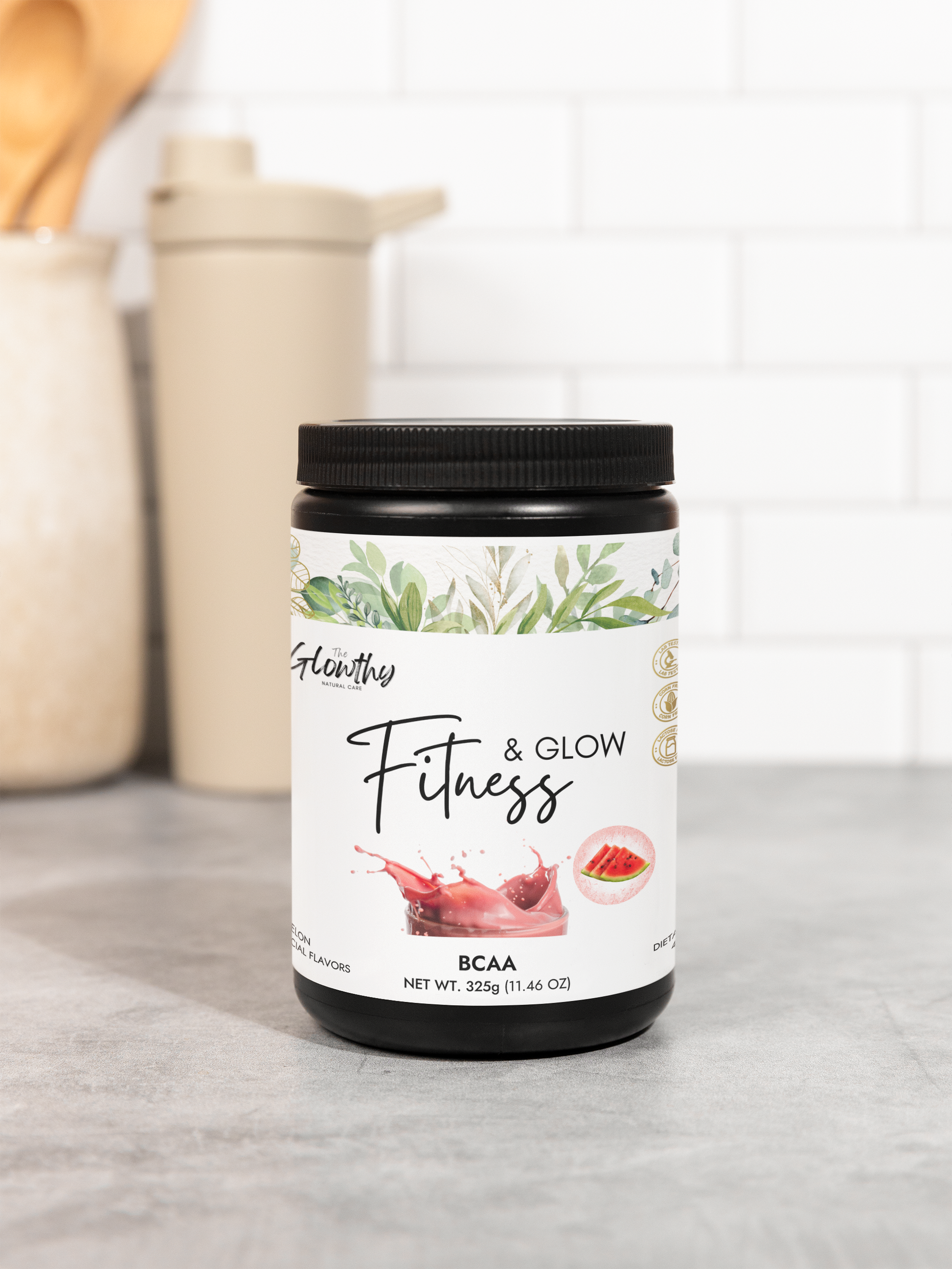 FITNESS & GLOW BCAA Supplement with Watermelon flavor boosts exercise, aids recovery, and prevents muscle breakdown. Ideal for fitness enthusiasts and athletes.