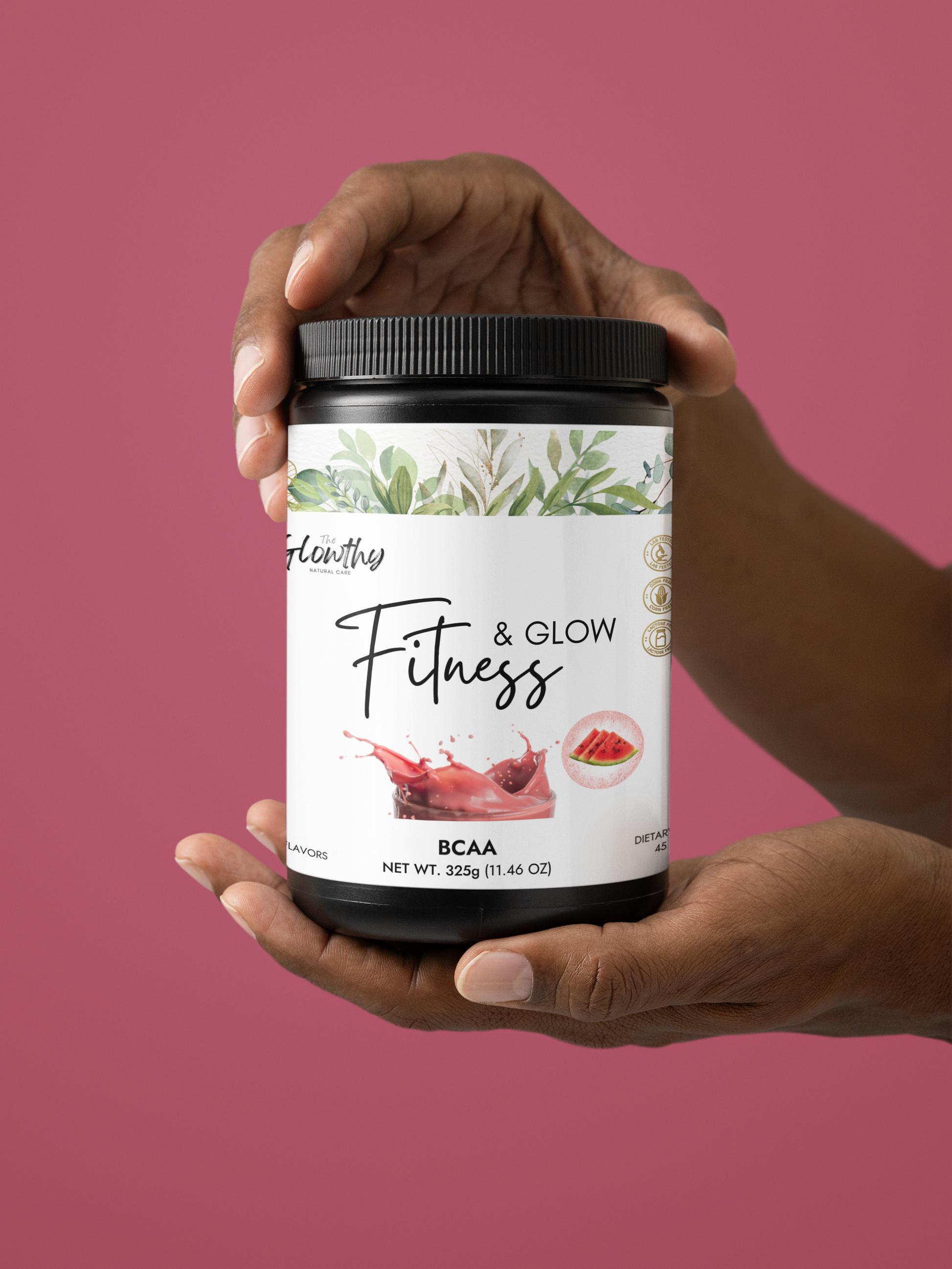 FITNESS & GLOW BCAA Supplement with Watermelon flavor boosts exercise, aids recovery, and prevents muscle breakdown. Ideal for fitness enthusiasts and athletes.