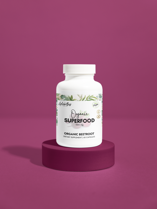 beet powder benefits ORGANIC SUPERFOOD Beetroot Supplement, fuels your body and support your health—naturally and effectively. It impacts circulation, stamina and cardiovascular health, 60 Capsules in white bottle, on purple background.
