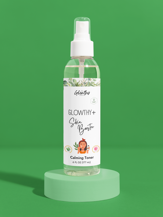 GLOWTHY+ SKIN BOOSTER Calming Toner, 6oz bottle with fine-mist sprayer for sensitive skin.