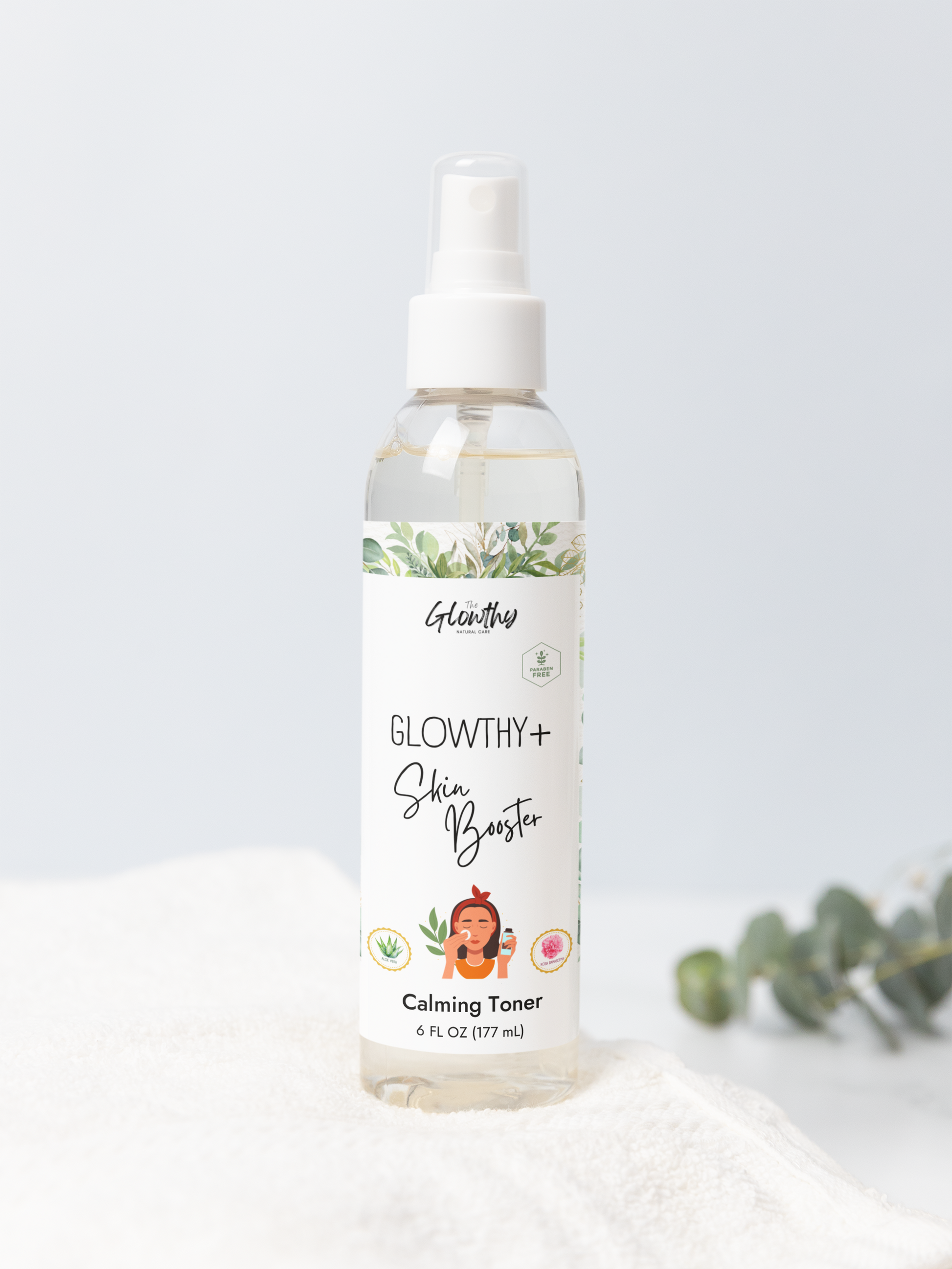 Calming Toner, 6oz GLOWTHY+ SKIN BOOSTER 6oz bottle with fine-mist sprayer for sensitive skin.