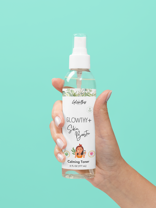 Calming Toner, 6oz GLOWTHY+ SKIN BOOSTER 6oz bottle with fine-mist sprayer for sensitive skin.