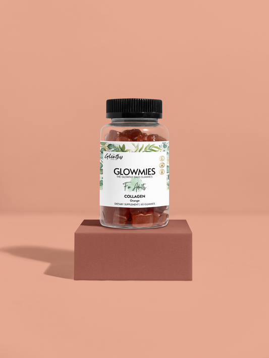 Collagen benefits - GLOWMIES Collagen Gummies (60 Gummies) delicious formula designed to support radiant skin, strong hair, healthy nails, and joint comfort. Collagen Gummies bottle on display.