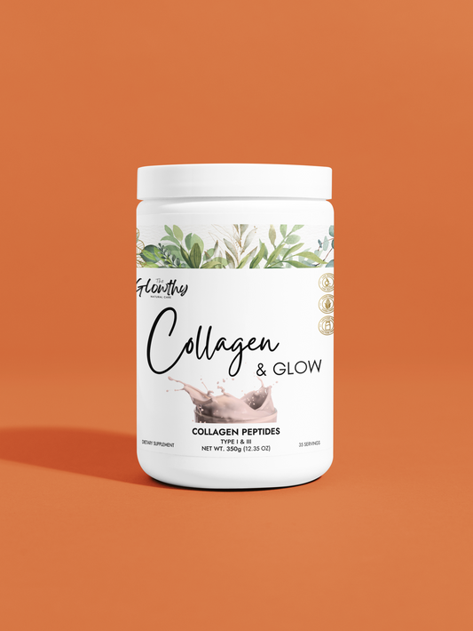 Collagen & GLOW Collagen Peptides Type I & III supplement container on orange background, providing skin and joint support.