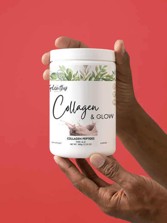 White container of Collagen Peptides Type I & III supplement with botanical design and splash graphic, 350g jar