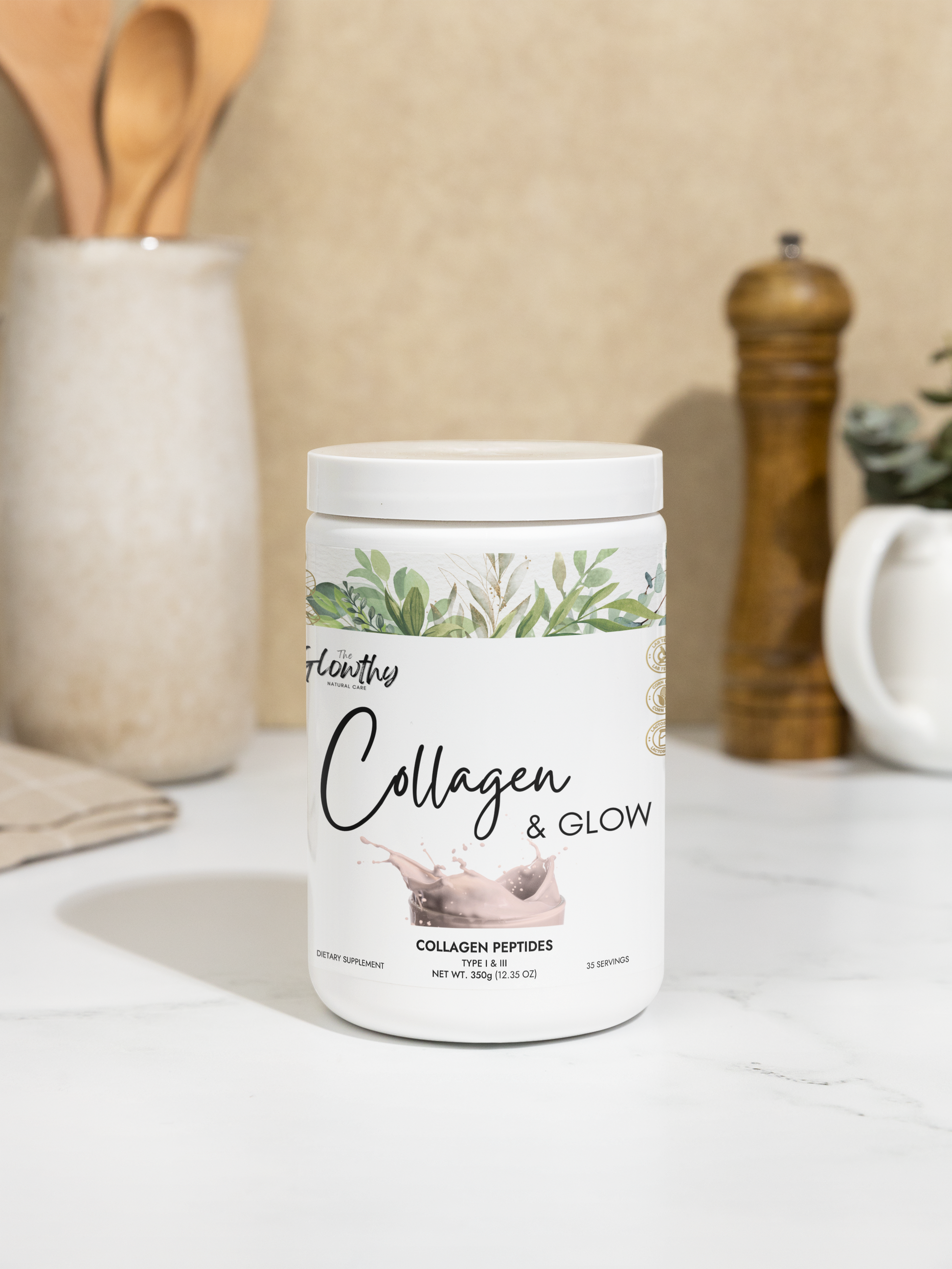 White container of Collagen Peptides Type I & III supplement with botanical design and splash graphic, 350g jar