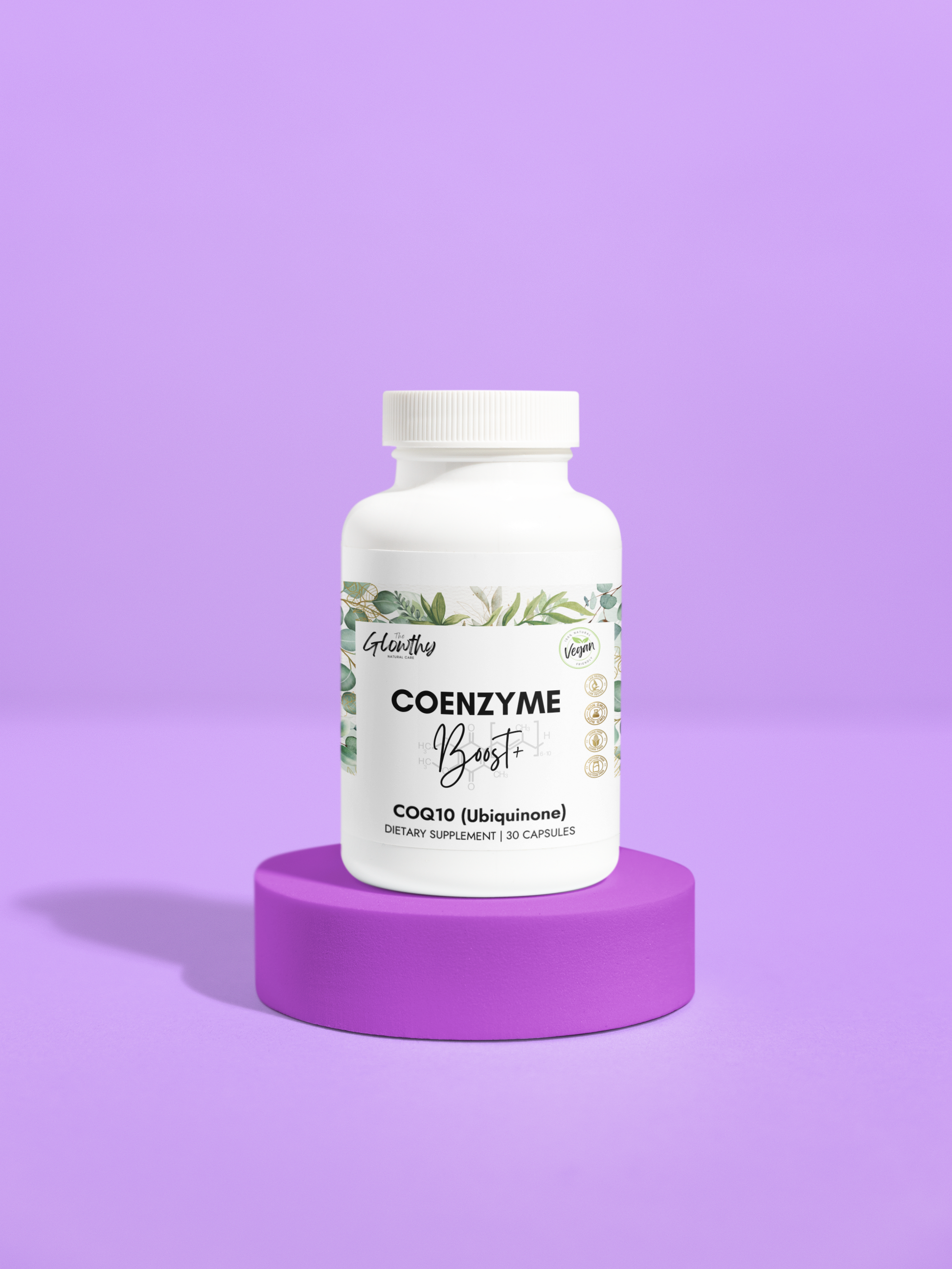 CoQ10 supplement COENZYME BOOST+ CoQ10 supplement bottle on a purple platform, promoting antioxidant support.