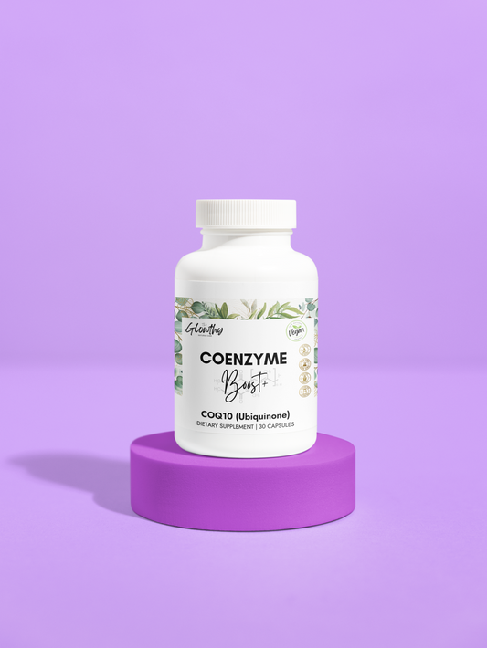 CoQ10 supplement COENZYME BOOST+ CoQ10 supplement bottle on a purple platform, promoting antioxidant support.