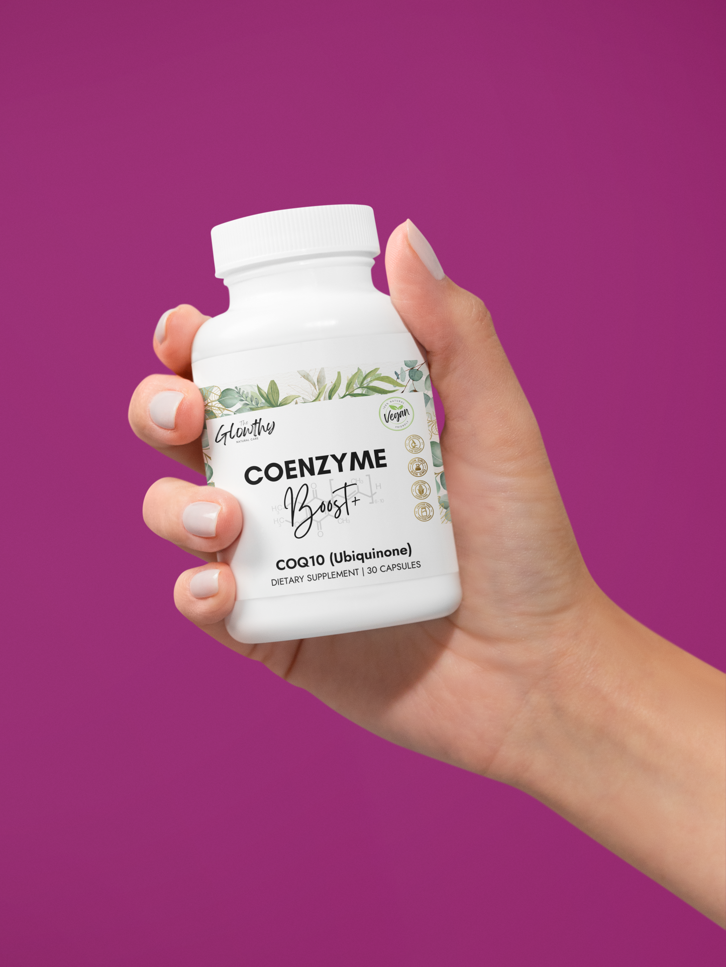 CoQ10 supplement COENZYME BOOST+ CoQ10 supplement bottle, 30 capsules, vegan-friendly, non-GMO, promoting antioxidant support, anti-aging