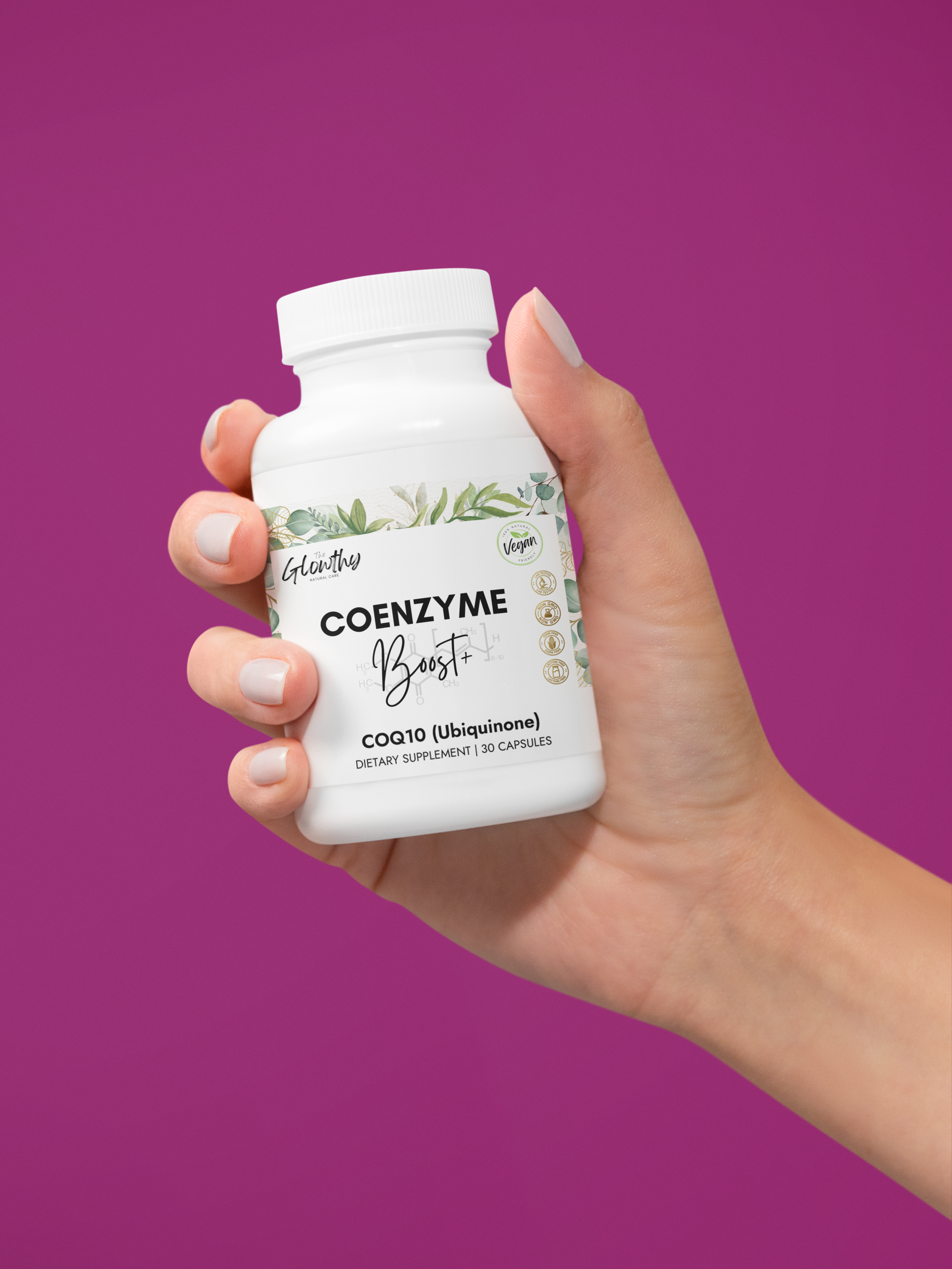 CoQ10 supplement COENZYME BOOST+ CoQ10 supplement bottle, 30 capsules, vegan-friendly, non-GMO, promoting antioxidant support, anti-aging