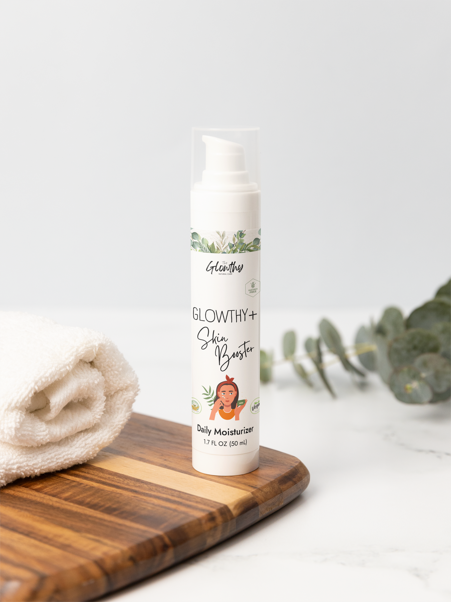 Daily Moisturizer for radiant skin GLOWTHY+ SKIN BOOSTER Daily Moisturizer, 1.7oz in white plastic bottle with white airless pump, for hydrated, radiant skin.