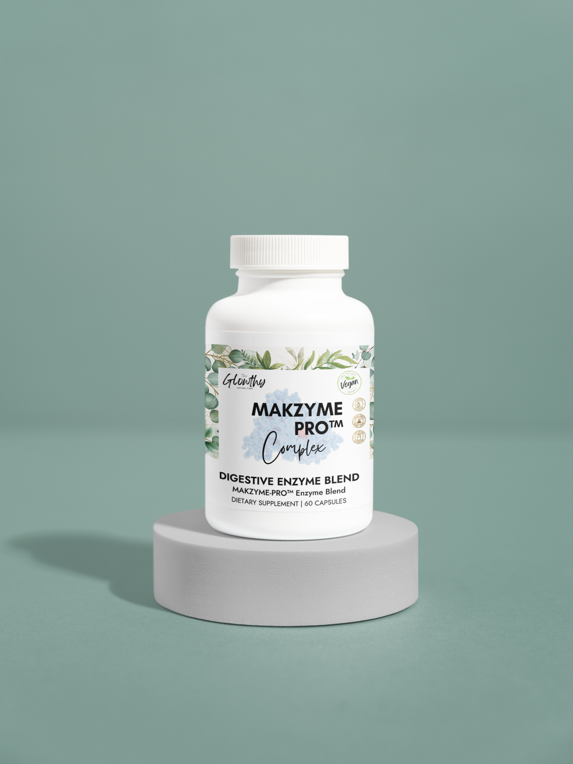 Digestive Enzyme Supplement MAKZYME-PRO™ COMPLEX  bottle with 60 capsules, supports digestion, non-GMO, vegan-friendly.