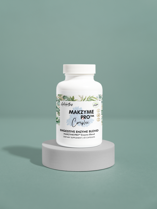 Digestive Enzyme Supplement MAKZYME-PRO™ COMPLEX  bottle with 60 capsules, supports digestion, non-GMO, vegan-friendly.