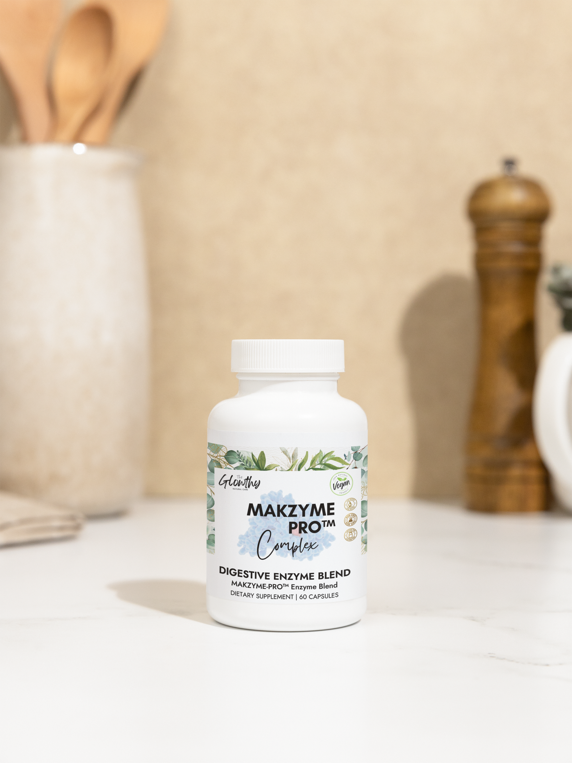 Digestive Enzyme Supplement MAKZYME-PRO™ COMPLEX  bottle with 60 capsules, supports digestion, non-GMO, vegan-friendly.
