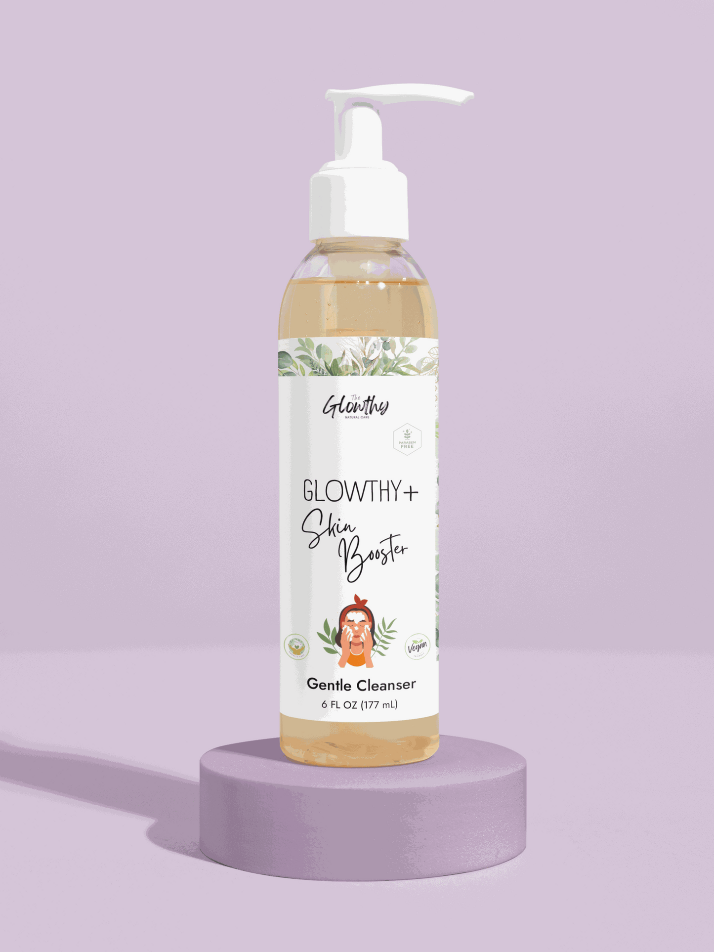 Gentle Cleanser GLOWTHY+ SKIN BOOSTER Face and Body, 6oz bottle with pump, ideal for sensitive skin.