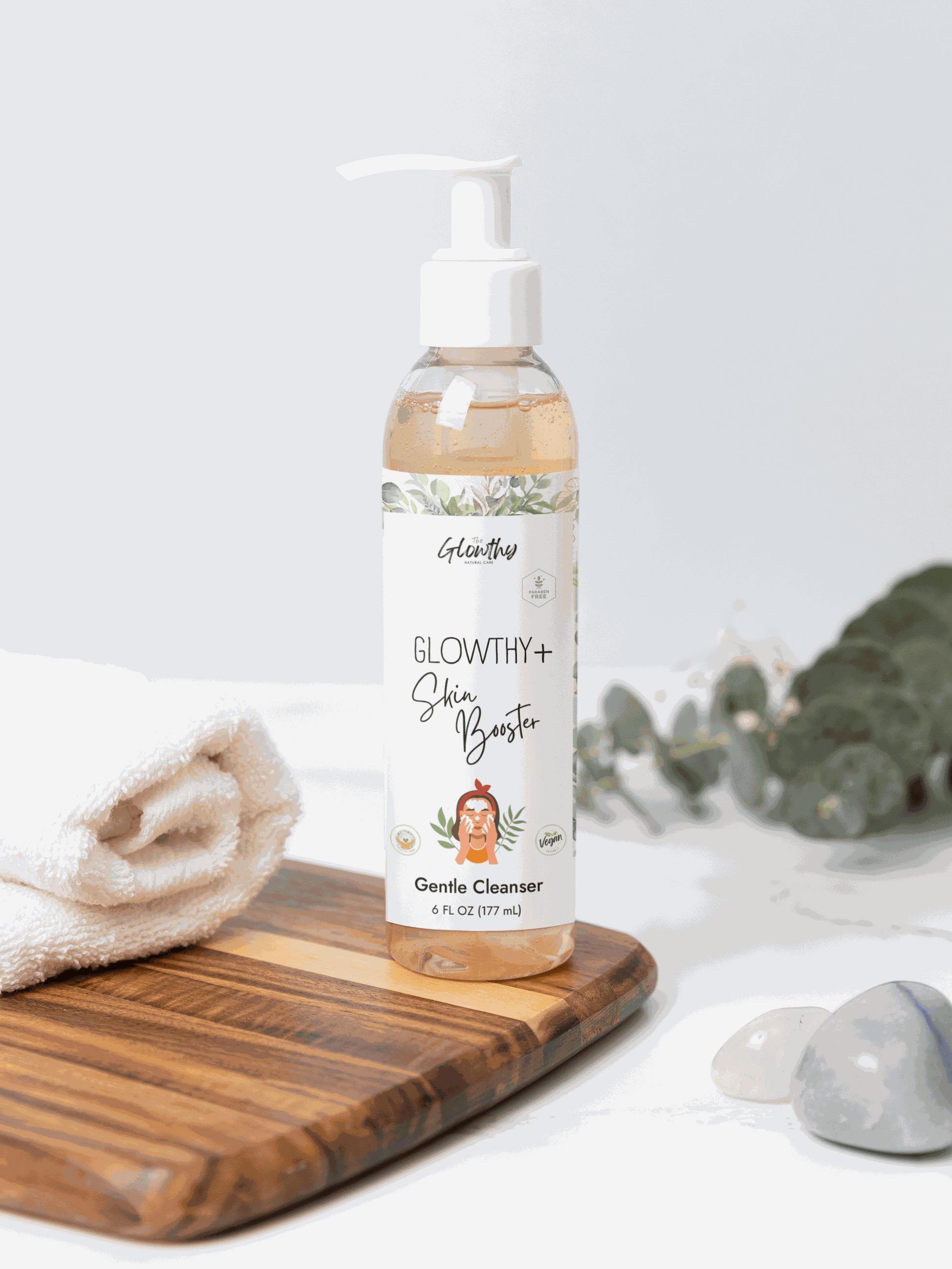 Gentle Cleanser GLOWTHY+ SKIN BOOSTER Face and Body, 6oz bottle with pump, ideal for sensitive skin.