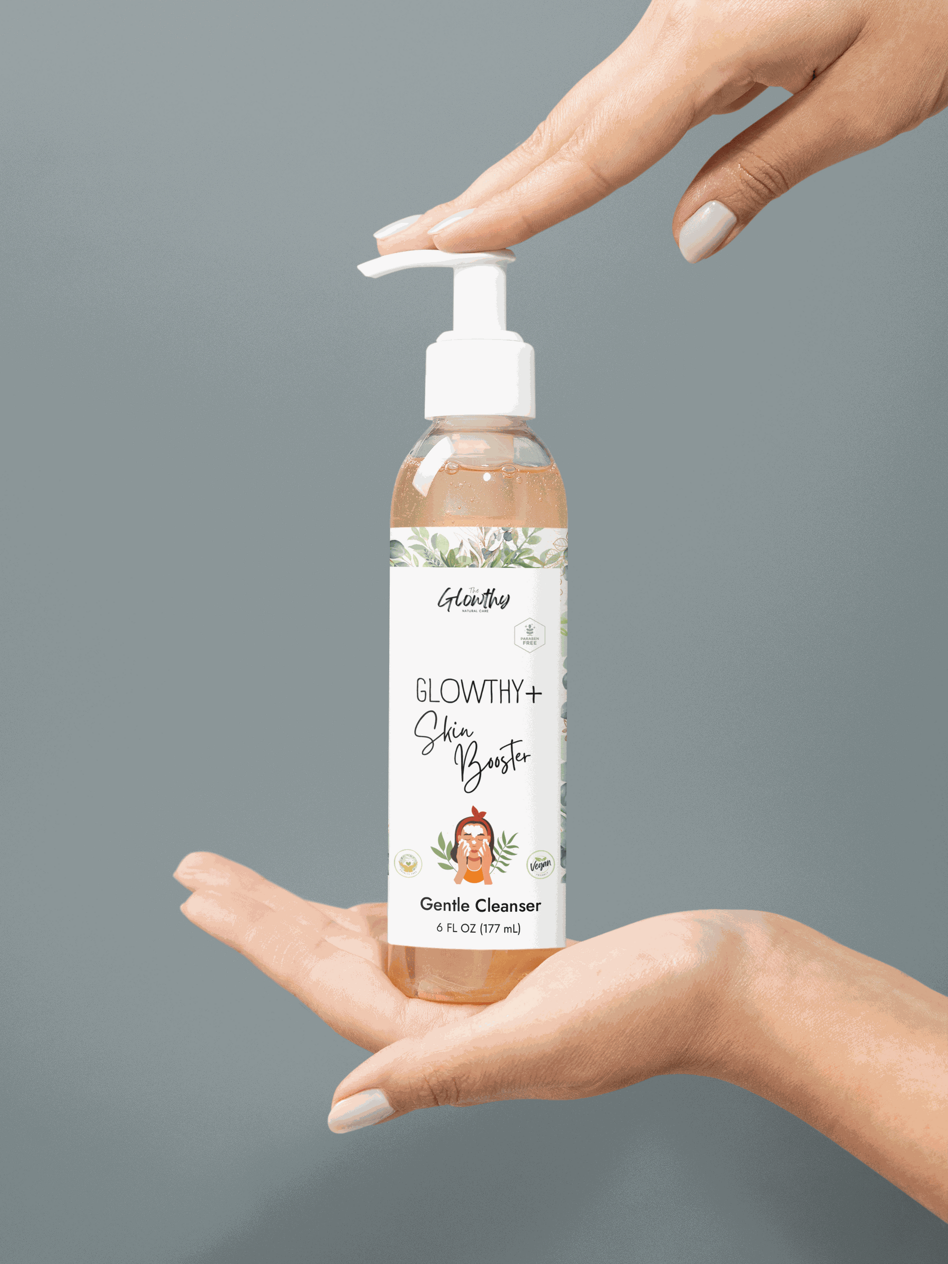Gentle Cleanser GLOWTHY+ SKIN BOOSTER Face and Body, 6oz bottle with pump, ideal for sensitive skin.