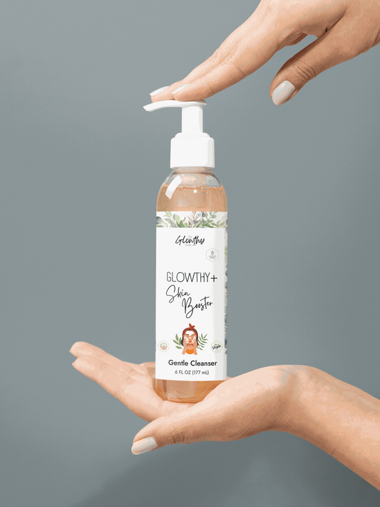 Gentle Cleanser GLOWTHY+ SKIN BOOSTER Face and Body, 6oz bottle with pump, ideal for sensitive skin.