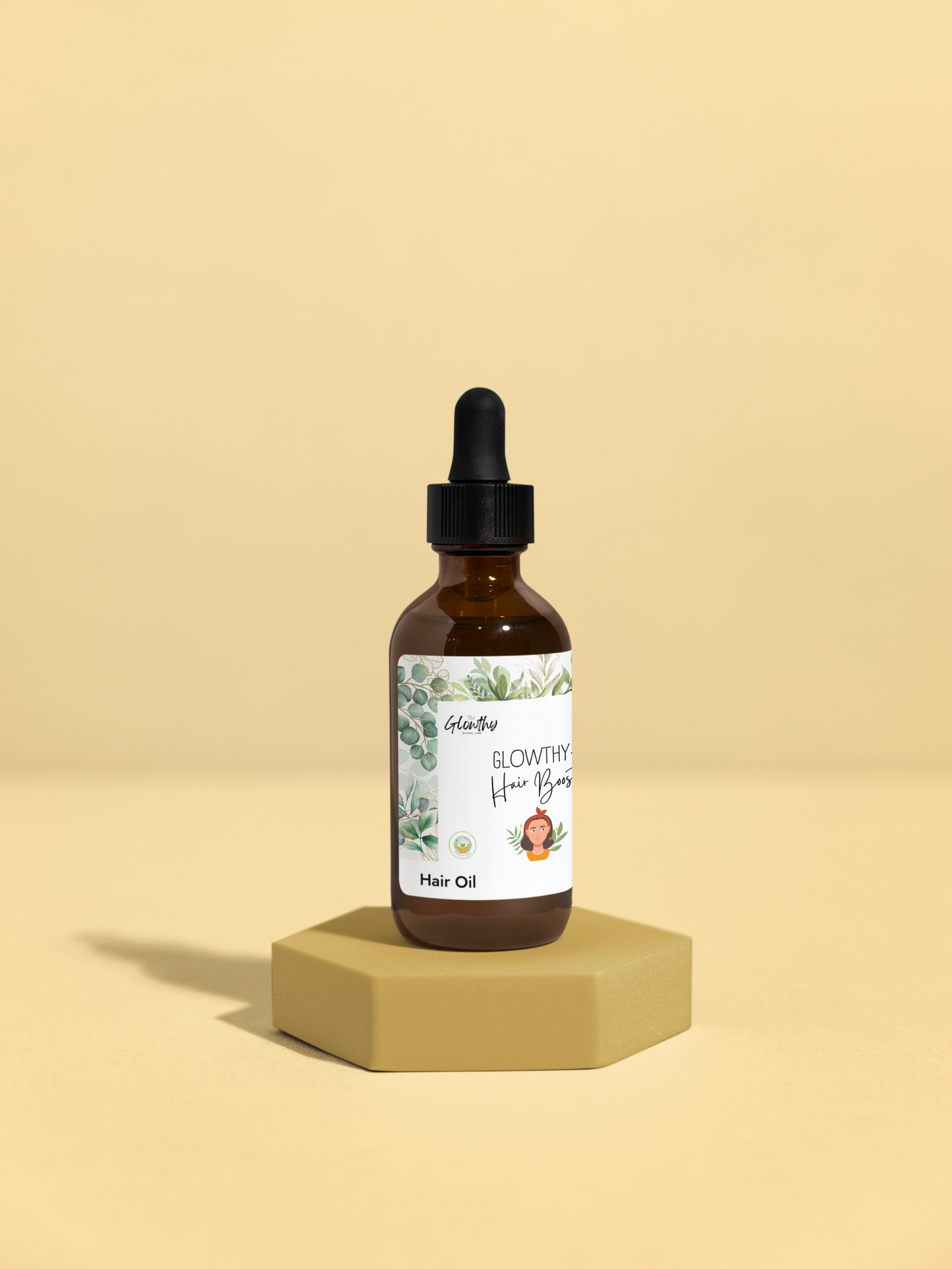 GLOWTHY+ HAIR BOOSTER Hair Oil 2oz bottle with black dropper on beige background.
