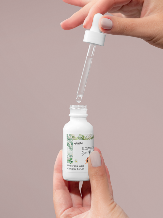 Hyaluronic Acid Serum GLOWTHY+ SKIN BOOSTER Hyaluronic Acid Complex Serum in white glass bottle with dropper