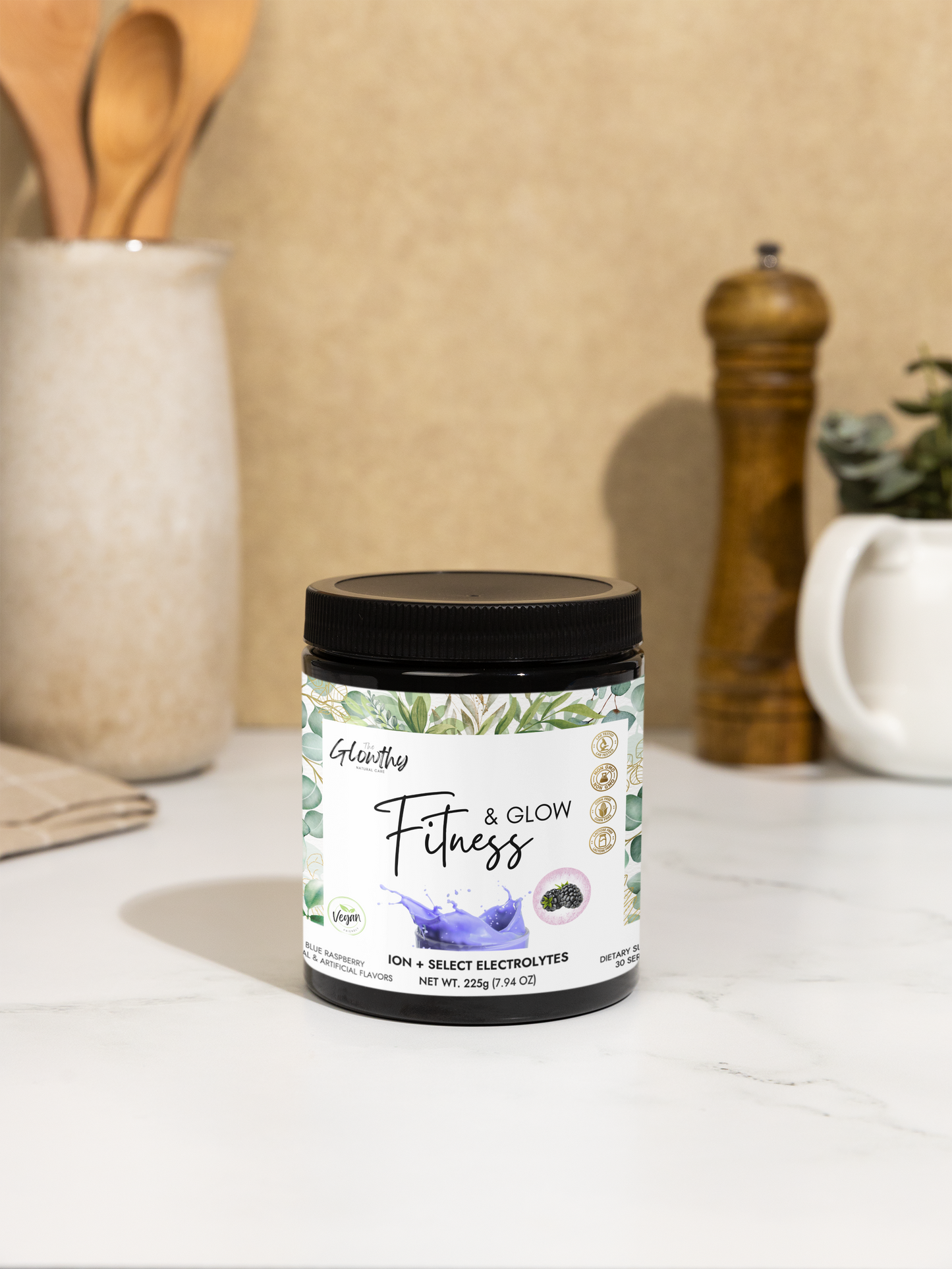 Electrolyte Powder Supplement - FITNESS & GLOW ION + Select Electrolyte Supplement, 225g, 7.9oz in a black container, vegan-friendly, contains essential electrolytes, vitamins, minerals, and superfoods to fuel hydration and energy. Take your workout to the next level