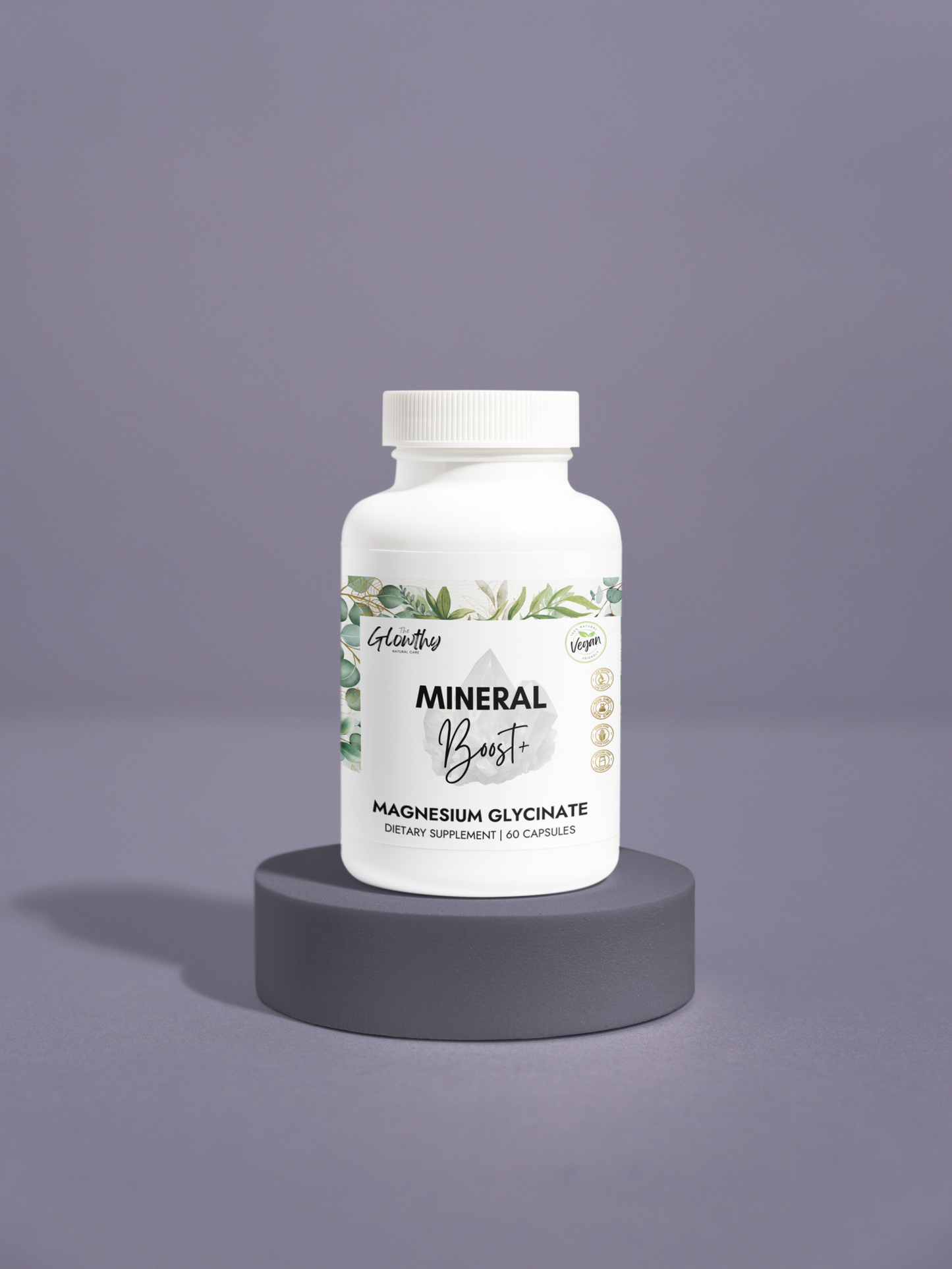 Magnesium Glycinate Supplement MINERAL BOOST+ Magnesium Glycinate Supplement, Natural boost dietary supplement​, bottle with 60 capsules, supports athletic performance, vegan-friendly and non-GMO.