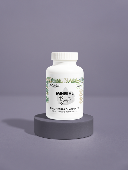 Magnesium Glycinate Supplement MINERAL BOOST+ Magnesium Glycinate Supplement, Natural boost dietary supplement​, bottle with 60 capsules, supports athletic performance, vegan-friendly and non-GMO.