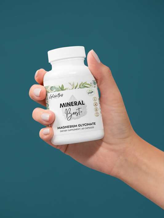 Magnesium Glycinate Supplement MINERAL BOOST+ Magnesium Glycinate Supplement, Natural boost dietary supplement​, bottle with 60 capsules, supports athletic performance, vegan-friendly and non-GMO.