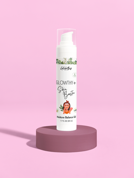 Moisture Balance Gel in white bottle with airless pump on pink background.