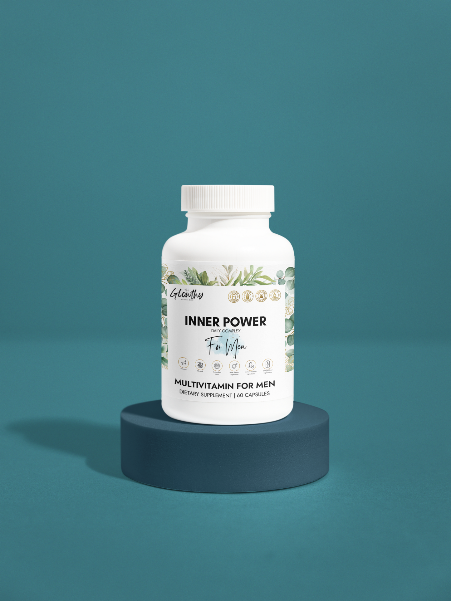 Multivitamin for Men Supplement INNER POWER Designed to bridge the nutritional gap in busy lifestyles by providing the perfect amount of vitamins, minerals, antioxidants. bottle on a pedestal, teal background.