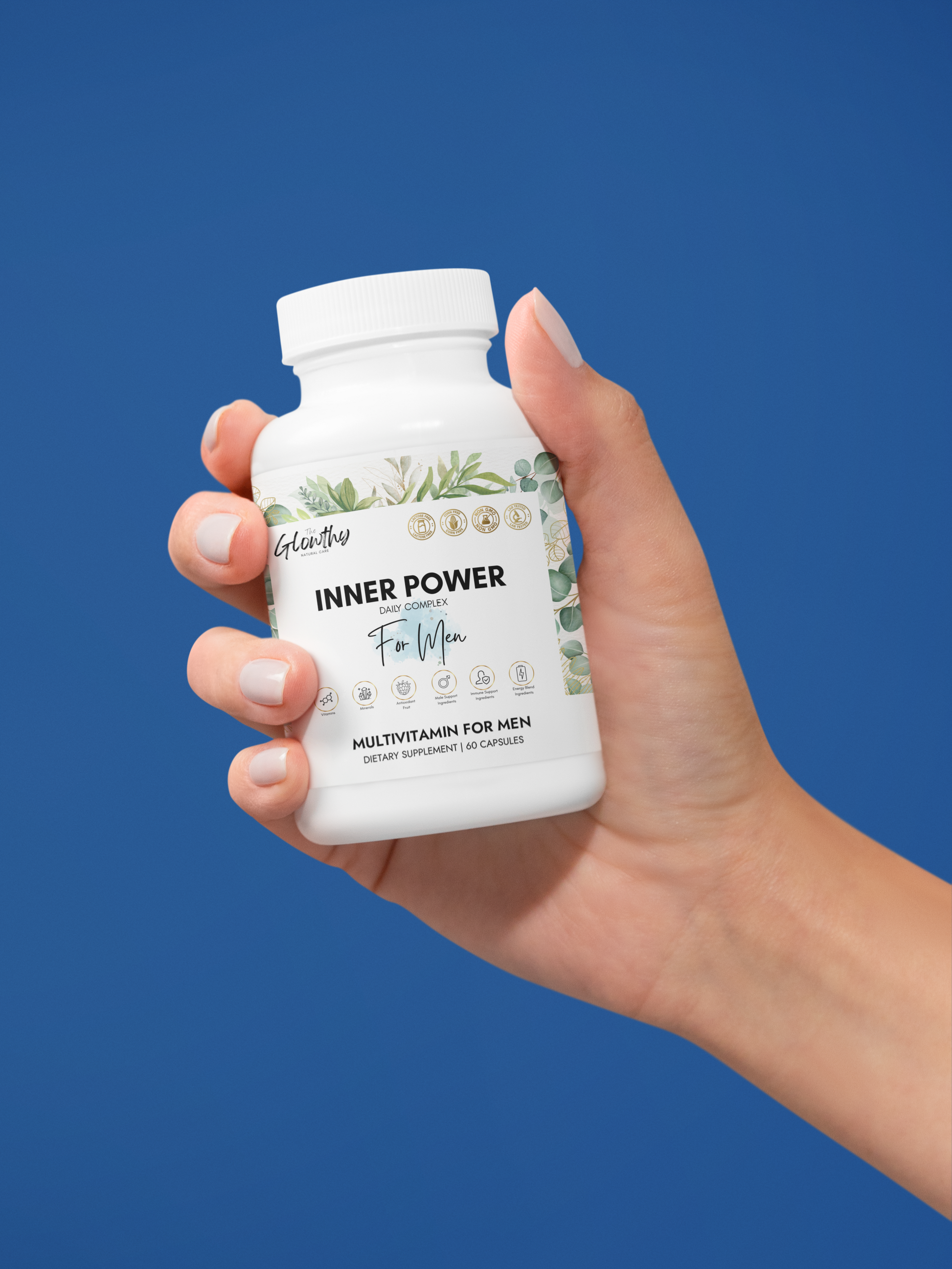 Multivitamin for Men Supplement INNER POWER Designed to bridge the nutritional gap in busy lifestyles by providing the perfect amount of vitamins, minerals, antioxidants. Supplement bottle, 60 capsules, designed to support men's health and energy metabolism.