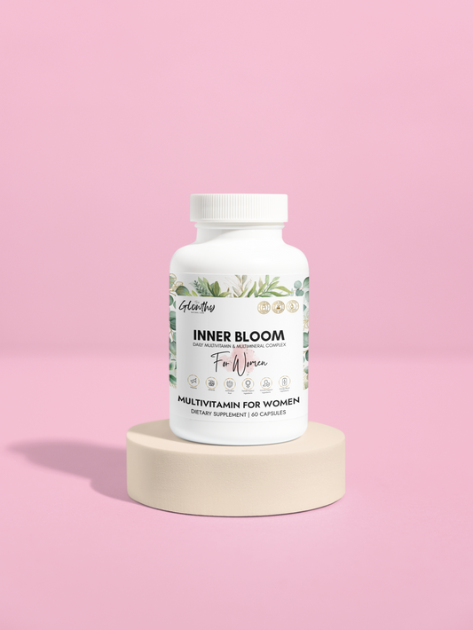 Multivitamin for Women INNER BLOOM Supplement (60 Capsules) All in one. designed to support exercise performance, aerobic energy metabolism, conversion of food into cellular energy, hair health, antioxidant function.  supplement bottle on pink background.